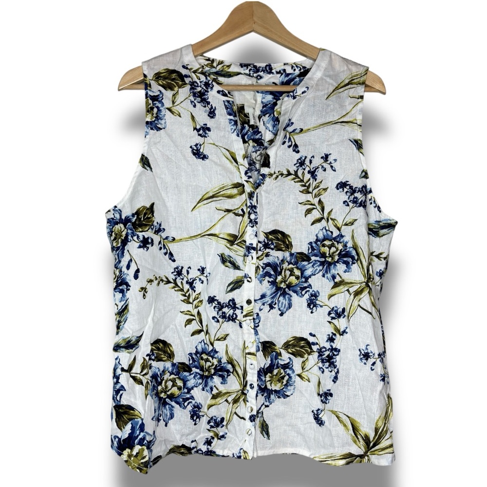 Sleeveless Floral Button-Front Top - White/Blue